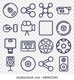 Multimedia icons set. set of 16 multimedia outline icons such as tv, camera, cd, stop, disc, loudspeaker, share