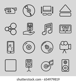 Multimedia icons set. set of 16 multimedia outline icons such as tv, camera, cd, stop, eject button, mobile phone music, mp3 player on hand, loudspeaker, disc and music note