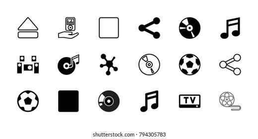 Multimedia icons. set of 18 editable filled and outline multimedia icons: note, movie tape, cd, stop, share, disc and music note, audio system, eject button