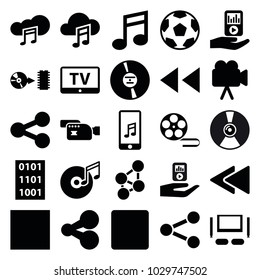 Multimedia icons. set of 25 editable filled multimedia icons such as tv, share, movie tape, camera, cd, stop, play back, mp3 player on hand, music cloud, disc