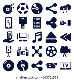 Multimedia icons set. set of 25 multimedia filled icons such as TV, camera, CD, eject button, play back, mobile phone music, mp3 player on hand, music cloud, disc, loudspeaker