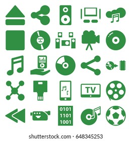 Multimedia icons set. set of 25 multimedia filled icons such as tv, camera, cd, stop, eject button, play back, mobile phone music, mp3 player on hand, music cloud, disc