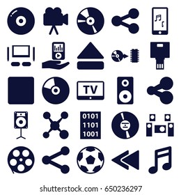 Multimedia icons set. set of 25 multimedia filled icons such as tv, camera, cd, stop, eject button, play back, mobile phone music, mp3 player on hand, disc, loudspeaker
