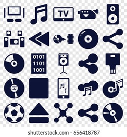 Multimedia icons set. set of 25 multimedia filled icons such as tv, camera, cd, stop, eject button, play back, mobile phone music, music cloud, disc, loudspeaker
