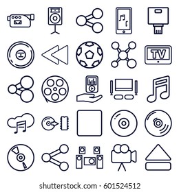 multimedia icons set. Set of 25 multimedia outline icons such as TV, camera, CD, stop, eject button, play back, mobile phone music, mp3 player on hand, music cloud, disc