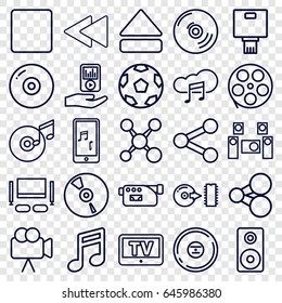 Multimedia icons set. set of 25 multimedia outline icons such as tv, camera, cd, stop, eject button, play back, mobile phone music, mp3 player on hand, music cloud, disc
