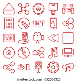 Multimedia icons set. set of 25 multimedia outline icons such as tv, camera, cd, stop, eject button, play back, mobile phone music, mp3 player on hand, music cloud, disc