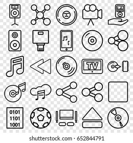 Multimedia icons set. set of 25 multimedia outline icons such as tv, camera, cd, stop, eject button, play back, mobile phone music, mp3 player on hand, music cloud, disc