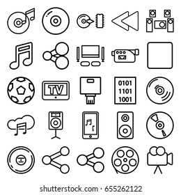 Multimedia icons set. set of 25 multimedia outline icons such as tv, camera, cd, stop, play back, mobile phone music, music cloud, disc, loudspeaker, disc and music note