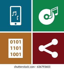 Multimedia icons set. set of 4 multimedia filled icons such as mobile phone music, disc and music note, binary code