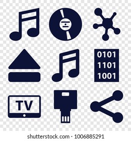 Multimedia icons. set of 9 editable filled multimedia icons such as tv, note, cd, eject button, share, camera