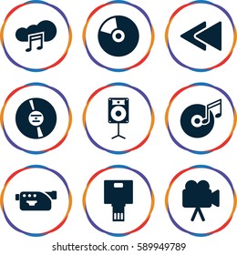 multimedia icons set. Set of 9 multimedia filled icons such as camera, CD, play back, music cloud, loudspeaker