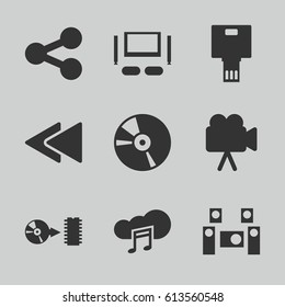 Multimedia icons set. set of 9 multimedia filled icons such as camera, CD, play back, music cloud, disc, audio system, TV set