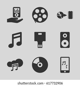 Multimedia icons set. set of 9 multimedia filled icons such as mobile phone music, mp3 player on hand, music cloud, disc, loudspeaker, camera, CD, movie tape