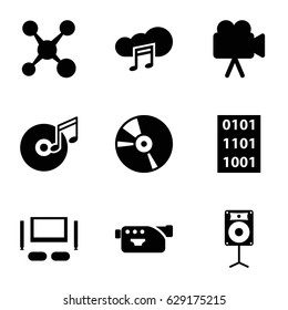 Multimedia icons set. set of 9 multimedia filled icons such as camera, CD, music cloud, loudspeaker, disc and music note, TV set, binary code