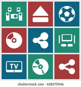 Multimedia icons set. set of 9 multimedia filled icons such as tv, cd, eject button, audio system, tv set, share