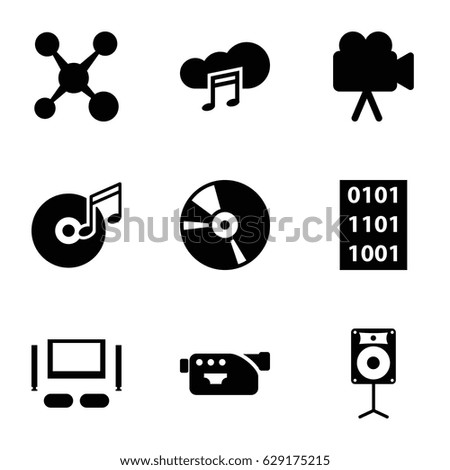 Multimedia icons set. set of 9 multimedia filled icons such as camera, CD, music cloud, loudspeaker, disc and music note, TV set, binary code