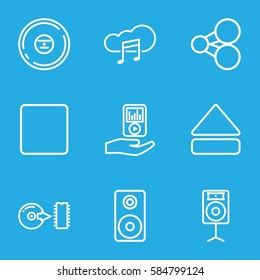multimedia icons set. Set of 9 multimedia outline icons such as CD, stop, eject button, mp3 player on hand, music cloud, disc, loudspeaker