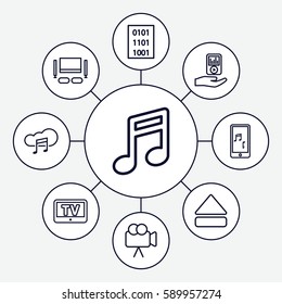 multimedia icons set. Set of 9 multimedia outline icons such as TV, camera, eject button, mobile phone music, mp3 player on hand, music cloud, TV set, binary code