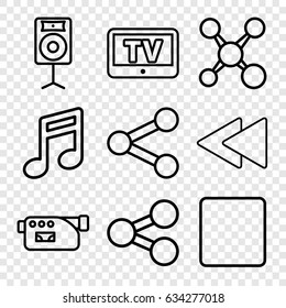 Multimedia icons set. set of 9 multimedia outline icons such as tv, camera, stop, play back, loudspeaker, note