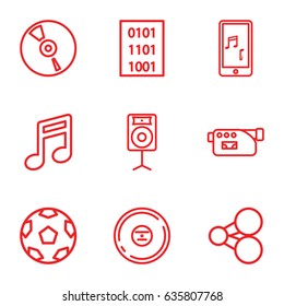 Multimedia icons set. set of 9 multimedia outline icons such as camera, cd, mobile phone music, loudspeaker, binary code, share, note