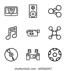 Multimedia icons set. set of 9 multimedia outline icons such as tv, camera, cd, loudspeaker, audio system, note, share