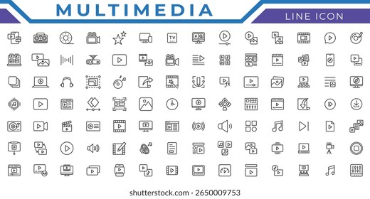 Conjunto de ícones de multimídia. Ícones de áudio e vídeo empacotar multimídia, áudio, vídeo, imagem, animação, design gráfico, gráficos de movimento, efeitos visuais, efeitos especiais, editar conjunto de ícones de linha.