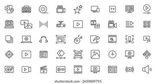 Conjunto de ícones de multimídia. Ícones de áudio e vídeo empacotar multimídia, áudio, vídeo, imagem, animação, design gráfico, gráficos de movimento, efeitos visuais, efeitos especiais, editar conjunto de ícones de linha.