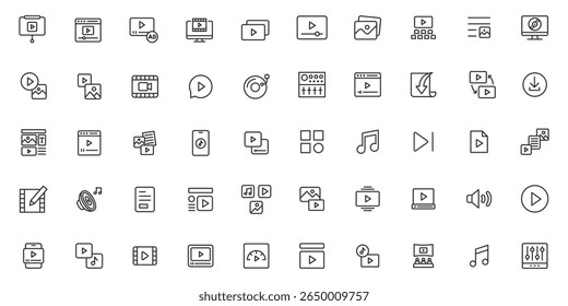 Conjunto de ícones de multimídia. Ícones de áudio e vídeo empacotar multimídia, áudio, vídeo, imagem, animação, design gráfico, gráficos de movimento, efeitos visuais, efeitos especiais, editar conjunto de ícones de linha.