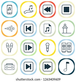 Multimedia icons set with backward music, mike, note and other clef elements. Isolated vector illustration multimedia icons.