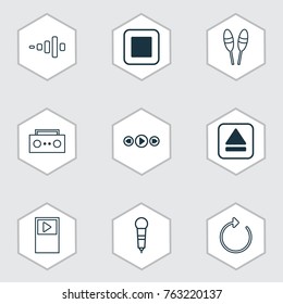 Multimedia icons set with beat instrument, player, stop button and other beat instrument elements. Isolated vector illustration multimedia icons.
