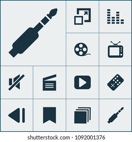 Multimedia icons set with begin, bookmark, enlarge and other controller elements. Isolated vector illustration multimedia icons.