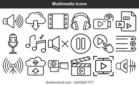 Multimedia Icons Set Black Outline Style vector