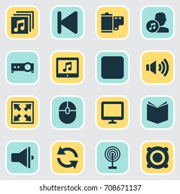 Multimedia Icons Set. Collection Of Amplifier, Photo, Megaphone And Other Elements. Also Includes Symbols Such As Widen, Sync, Photo.