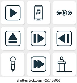 Multimedia Icons Set. Collection Of Audio Mobile, Following Song, Music Control And Other Elements. Also Includes Symbols Such As Next, Rewind, Control.