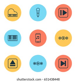 Multimedia Icons Set. Collection Of Audio Buttons, Piano, Octave And Other Elements. Also Includes Symbols Such As Next, Keyboard, Fast.