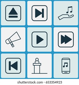 Multimedia Icons Set. Collection Of Audio Mobile, Extract Device, Following Song And Other Elements. Also Includes Symbols Such As Tribune, Hailer, Extract.