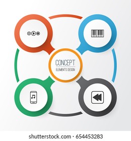 Multimedia Icons Set. Collection Of Audio Mobile, Rewind Back, Song UI And Other Elements. Also Includes Symbols Such As Play, Music, Instrument.