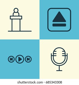 Multimedia Icons Set. Collection Of Audio Buttons, Rostrum, Mike And Other Elements. Also Includes Symbols Such As Tribune, Extract, Mike.
