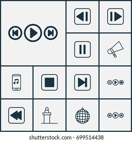 Multimedia Icons Set. Collection Of Audio Buttons, Mute Song, Audio Mobile And Other Elements. Also Includes Symbols Such As Audio, Play, Music.