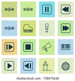 Multimedia Icons Set. Collection Of Audio Buttons, Song UI, Following Music And Other Elements. Also Includes Symbols Such As Piano, Rewind, Next.