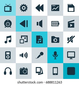 Multimedia Icons Set. Collection Of Backward, Screen, Mute And Other Elements. Also Includes Symbols Such As Megaphone, Pause, Volume.