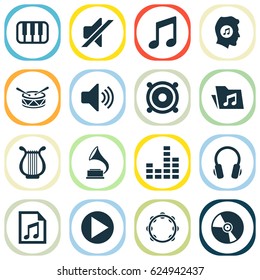 Multimedia Icons Set. Collection Of Barrel, Megaphone, Meloman And Other Elements. Also Includes Symbols Such As Speaker, Note, Playlist.