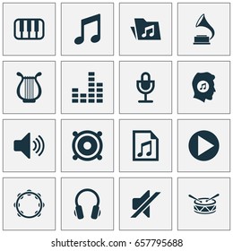 Multimedia Icons Set. Collection Of Barrel, File, Phonograph And Other Elements. Also Includes Symbols Such As Antique, Play, Earphone.