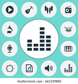 Multimedia Icons Set. Collection Of Barrel, Tuner, Phonograph And Other Elements. Also Includes Symbols Such As Fm, Earmuff, Tuner.