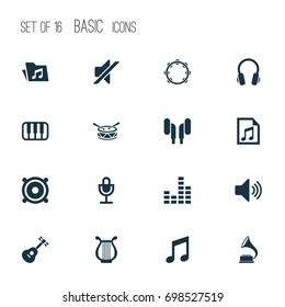 Multimedia Icons Set. Collection Of Barrel, Silence, Lyre And Other Elements. Also Includes Symbols Such As File, Equalizer, Barrel.