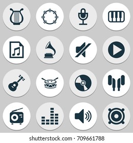 Multimedia Icons Set. Collection Of Barrel, Sound, Lyre And Other Elements. Also Includes Symbols Such As Cd, Guitar, Controlling.