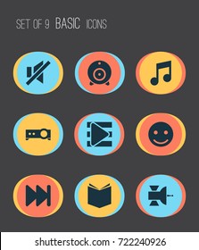 Multimedia Icons Set. Collection Of Broadcast, Smile, Presentation And Other Elements. Also Includes Symbols Such As Forward, Textbook, Silence.