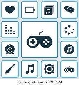 Multimedia Icons Set. Collection Of Broadcast, Audio, Amplifier And Other Elements. Also Includes Symbols Such As Gamepad, Web, Controller.