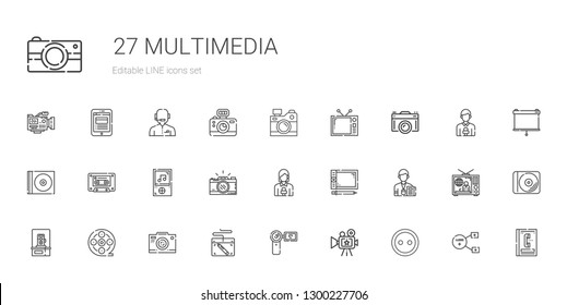 multimedia icons set. Collection of multimedia with button, camera, camcorder, graphic tablet, photo camera, film reel, journalist, news reporter. Editable and scalable multimedia icons.